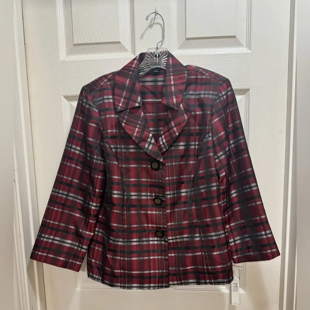 Preston & York Plaid Button Up Lightweight Jacket Red Black Holiday Career Sz 8